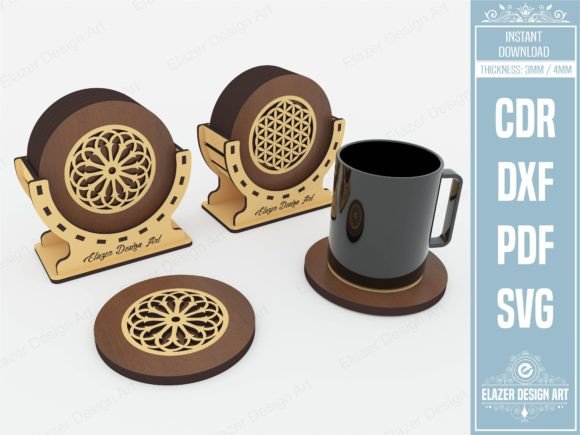 Easy Laser Cut Wood Projects To Sell On Etsy 15 Laser cut wood cup coasters with intricate designs and a black mug beside them.