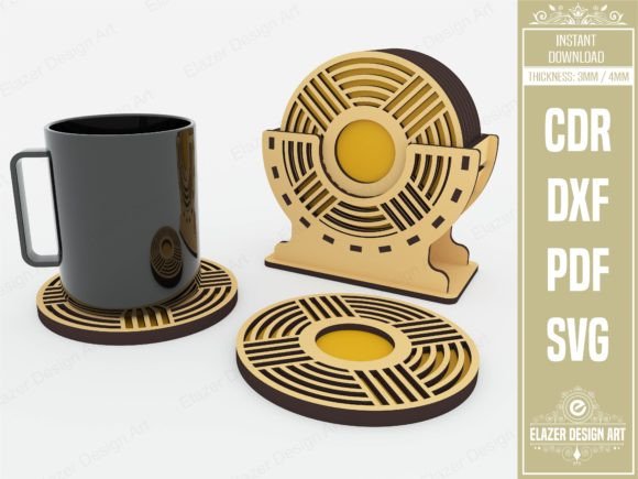 Easy Laser Cut Wood Projects To Sell On Etsy 16 Laser cut wooden coasters with a circular design, featuring a mug for scale.