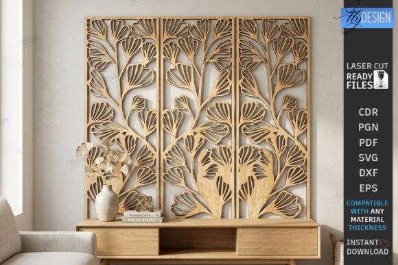 15 Laser Cut Wall Art Files for Wood and Acrylic 4 Decorative floral wall panel design made from laser cut wood, showcasing intricate leaf patterns.