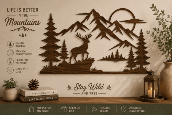 15 Laser Cut Wall Art Files for Wood and Acrylic 8 Laser cut wall art depicting a deer in a mountain landscape with trees and a sun.