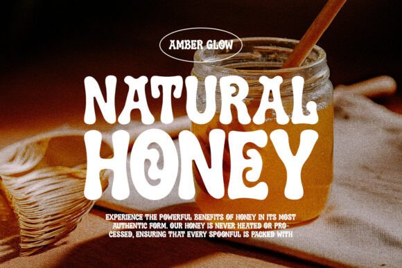 70+ Food Logo Fonts for Restaurants, Cafes, and Food Brands 178 Natural honey jar with decorative text and warm background.