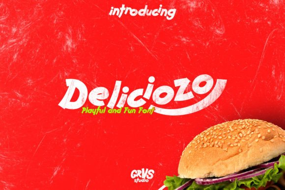 70+ Food Logo Fonts for Restaurants, Cafes, and Food Brands 98 Deliciozo font showcased with a burger on a red background.
