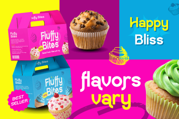 70+ Food Logo Fonts for Restaurants, Cafes, and Food Brands 91 Colorful cupcake packaging with text for Fluffy Bites brand.