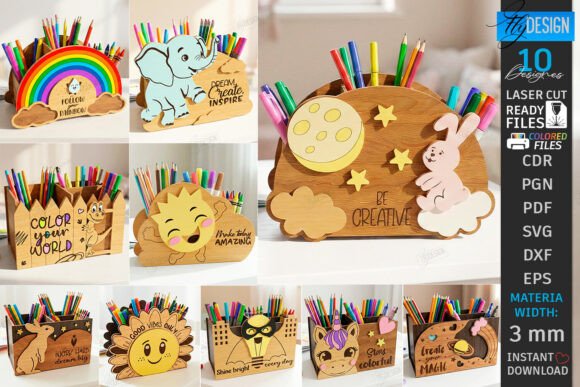 99+ Laser Cut Wood Projects To Sell From Home 447 Laser cut wood desk organizers featuring colorful designs and motivational phrases.