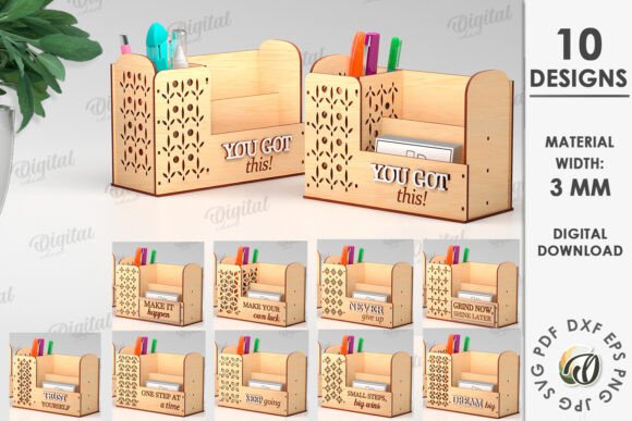 99+ Laser Cut Wood Projects To Sell From Home 444 3D wooden desk organizers with motivational phrases, designed for laser cutting projects.