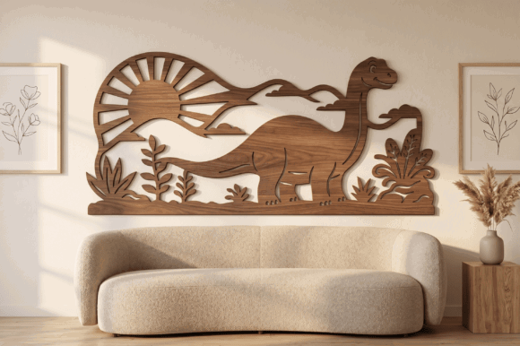 15 Laser Cut Wall Art Files for Wood and Acrylic 6 Laser cut dinosaur silhouette wall decor with sun and plants, displayed above a beige sofa.