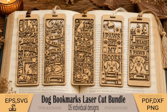 Easy Laser Cut Wood Projects To Sell On Etsy 8 Laser cut wooden bookmarks featuring dog-themed designs, ideal for selling on Etsy.