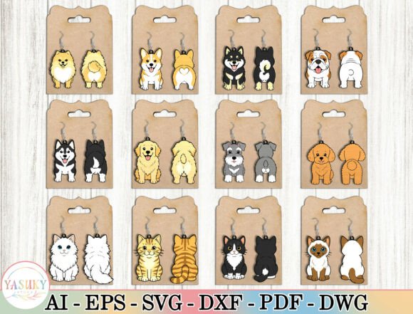 99+ Laser Cut Wood Projects To Sell From Home 104 Colorful laser cut wood earrings featuring various dog and cat designs on kraft paper tags.