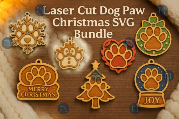 99+ Laser Cut Wood Projects To Sell From Home 154 Laser cut wooden Christmas ornaments featuring dog paw designs, including snowflakes and hearts.