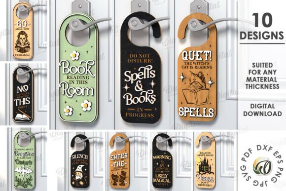 99+ Laser Cut Wood Projects To Sell From Home 412 A collection of ten laser cut wood door hangers with various designs and text, including 'Do Not Disturb' and 'Reading in