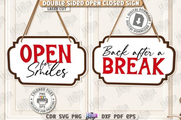 99+ Laser Cut Wood Projects To Sell From Home 218 Double-sided laser cut sign displaying 'Open for Smiles' and 'Back after a Break'.