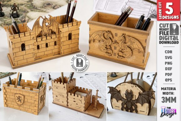 99+ Laser Cut Wood Projects To Sell From Home 452 Laser cut wood desk organizer featuring dragon designs and castle motifs, ideal for organizing pens and stationery.