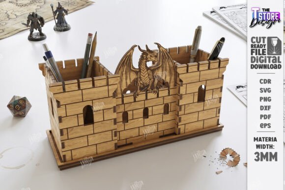 Laser Cut Products That Sell on Etsy and Make Money 25 Laser cut desk organizer featuring a castle design with a dragon, holding pens and pencils.