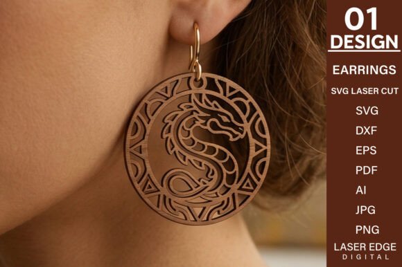 99+ Laser Cut Wood Projects To Sell From Home 132 Laser cut wood earrings featuring a dragon design, showcasing intricate detailing and a circular shape.