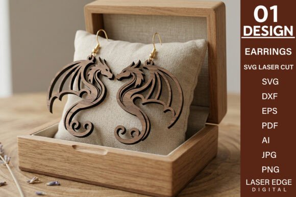 99+ Laser Cut Wood Projects To Sell From Home 117 Laser cut wooden dragon earrings displayed in a wooden box.