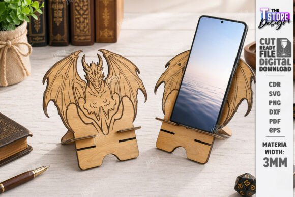 Laser Cut Products That Sell on Etsy and Make Money 27 Laser cut wooden phone stand with dragon design, showcasing personalized home decor for Etsy.