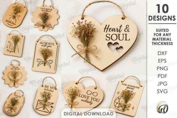 99+ Laser Cut Wood Projects To Sell From Home 142 Laser cut wood heart signs with floral decorations and various messages for home decor.