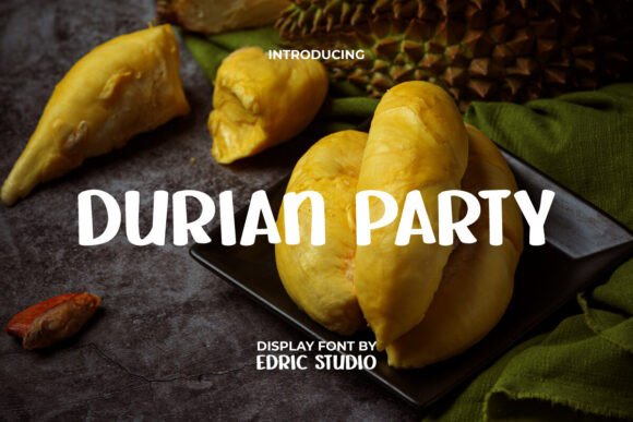 70+ Food Logo Fonts for Restaurants, Cafes, and Food Brands 169 Durian Party font displayed with durian fruit on a plate.