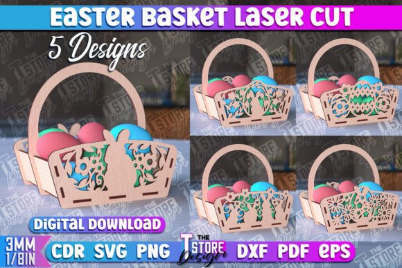 Easy Laser Cut Wood Projects To Sell On Etsy 62 Laser cut Easter basket designs with colorful eggs inside, showcasing intricate patterns.