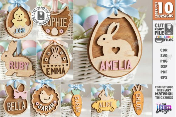 Laser Cut Products That Sell on Etsy and Make Money 34 Personalized laser cut Easter basket tags with names and bunny designs.