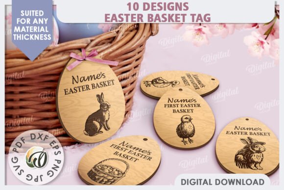 Laser Cut Products That Sell on Etsy and Make Money 35 Laser cut wooden Easter basket tags with customizable names and designs featuring a bunny and chick.