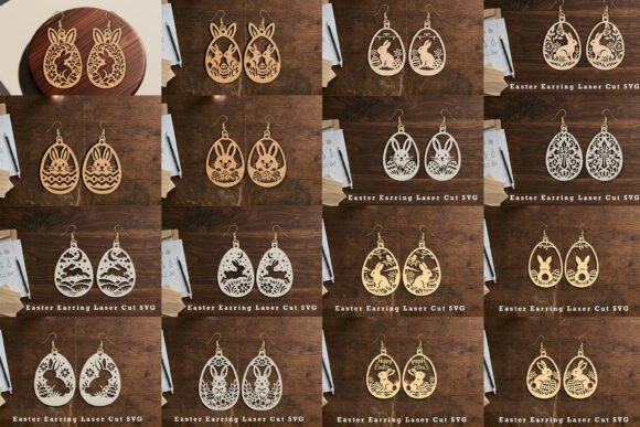 Easy Laser Cut Wood Projects To Sell On Etsy 18 Collection of laser cut wood earrings featuring Easter designs, displayed on a wooden background.