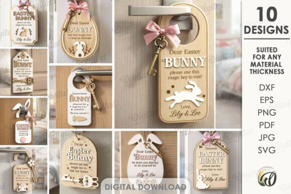 99+ Laser Cut Wood Projects To Sell From Home 407 Set of laser cut wood door hangers with Easter Bunny designs and customizable messages.