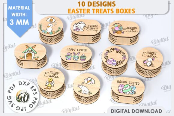 Easy Laser Cut Wood Projects To Sell On Etsy 63 Laser cut wood Easter treat boxes featuring various designs and text for Easter celebrations.