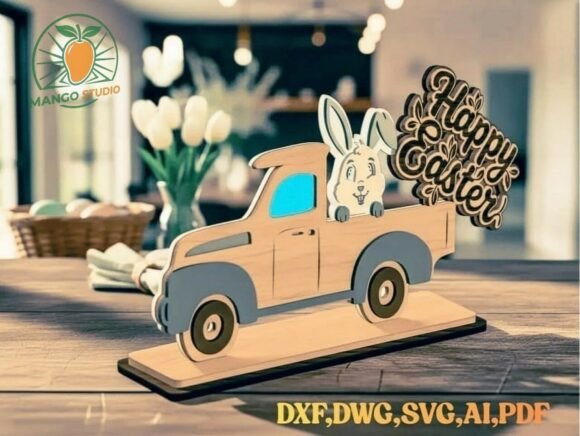 99+ Laser Cut Wood Projects To Sell From Home 182 Laser cut wood Easter decoration featuring a bunny in a truck with 'Happy Easter' text.