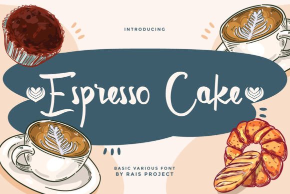 70+ Food Logo Fonts for Restaurants, Cafes, and Food Brands 157 Espresso Cake font design with coffee cups and pastries