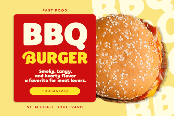 70+ Food Logo Fonts for Restaurants, Cafes, and Food Brands 53 BBQ burger with sesame seed bun and bold text design for fast food branding.