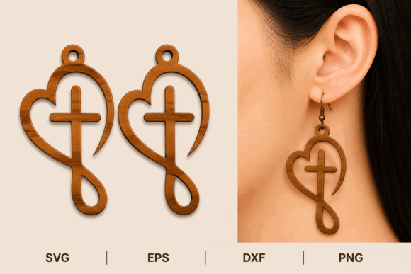 99+ Laser Cut Wood Projects To Sell From Home 119 Laser cut wood earrings featuring a heart and cross design, displayed alongside file formats SVG, EPS, DXF, and PNG.