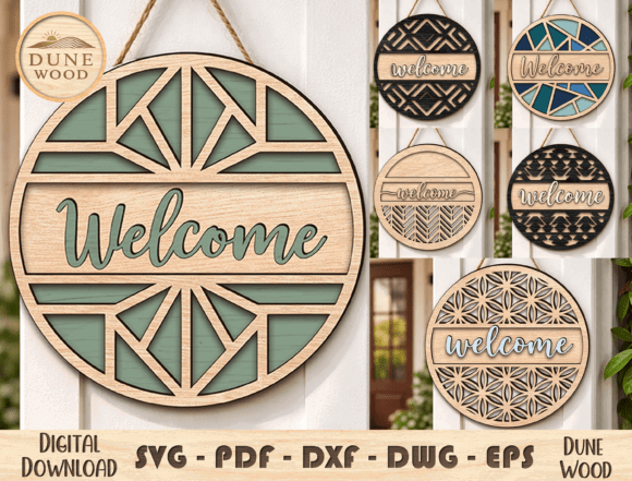 99+ Laser Cut Wood Projects To Sell From Home 211 Laser cut wood welcome signs in various designs and colors, showcasing personalized decor options.
