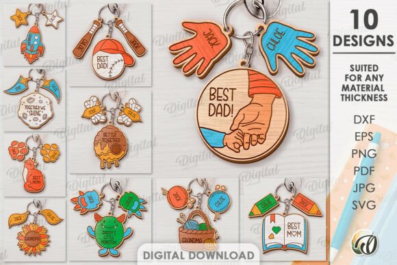 99+ Laser Cut Wood Projects To Sell From Home 66 Collection of laser cut wood keychains with various designs including 'Best Dad' and colorful shapes.
