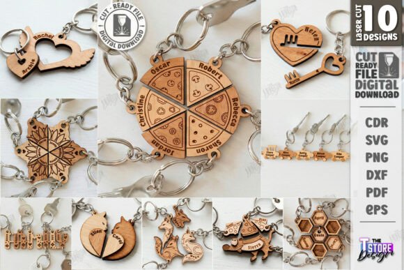 99+ Laser Cut Wood Projects To Sell From Home 60 Collection of laser cut wood keychains featuring various designs including hearts, names, and seasonal motifs.