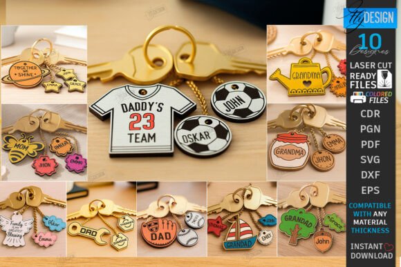 99+ Laser Cut Wood Projects To Sell From Home 57 A collection of personalized laser cut keychains featuring names and designs, showcasing custom wood crafts.