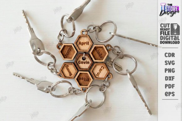Easy Laser Cut Wood Projects To Sell On Etsy 26 Personalized laser cut wood keychain with hexagonal design featuring names and a month.