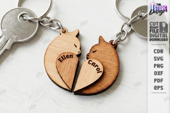 99+ Laser Cut Wood Projects To Sell From Home 72 Laser cut wooden keychain featuring two cats with names Ellen and Carol, symbolizing friendship.