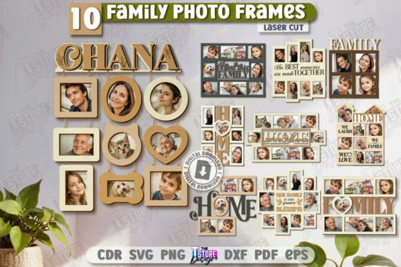 99+ Laser Cut Wood Projects To Sell From Home 360 Laser cut wooden family photo frames featuring various designs and text elements.