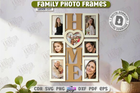 99+ Laser Cut Wood Projects To Sell From Home 372 Laser cut family photo frame with multiple openings for pictures, featuring the word 'HOME' in the center.