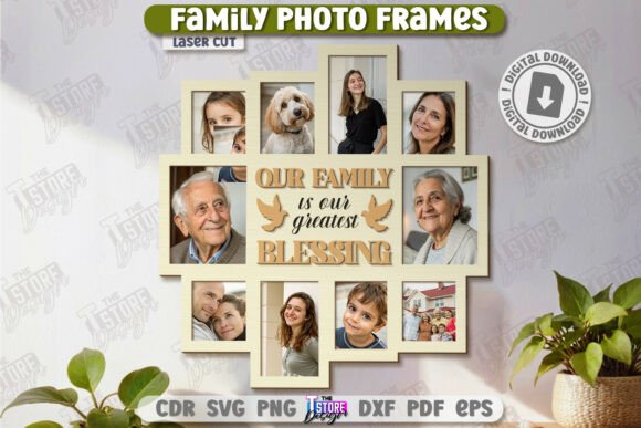 99+ Laser Cut Wood Projects To Sell From Home 371 Laser cut wooden family photo frames with multiple slots for pictures and a central quote about family.