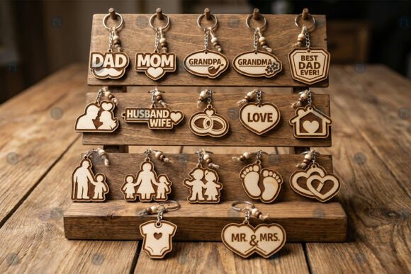 99+ Laser Cut Wood Projects To Sell From Home 65 Laser cut wooden keychains with family-themed designs displayed on a wooden stand.