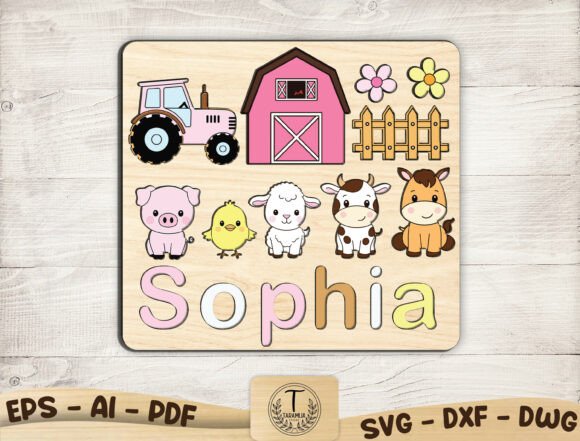 99+ Laser Cut Wood Projects To Sell From Home 331 Personalized wooden life cycle puzzle featuring farm animals and a tractor, customized with the name Sophia.