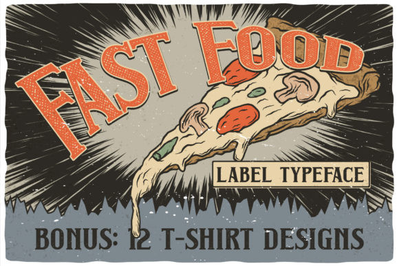 70+ Food Logo Fonts for Restaurants, Cafes, and Food Brands 13 Vintage fast food label design featuring a pizza slice with toppings.