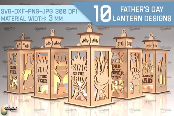 99+ Laser Cut Wood Projects To Sell From Home 394 Laser cut wood lantern designs for Father's Day featuring various themes and messages.