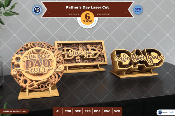 Laser Cut Products That Sell on Etsy and Make Money 22 Three laser cut wooden signs for Father's Day, featuring messages like 'The Best Dad Ever' and 'We Love You'.