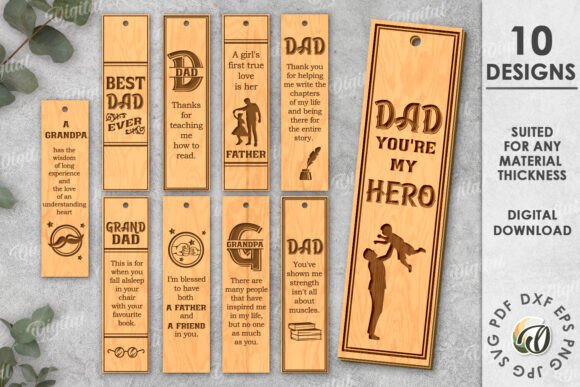 99+ Laser Cut Wood Projects To Sell From Home 93 Laser cut wood bookmarks with various personalized messages for Father's Day and family.