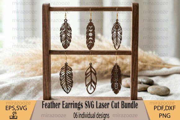 99+ Laser Cut Wood Projects To Sell From Home 123 Feather earrings displayed on a wooden stand, showcasing six individual laser cut designs.