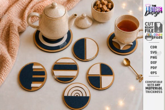 Easy Laser Cut Wood Projects To Sell On Etsy 14 Set of modern laser cut coasters in geometric designs, featuring navy and natural wood colors.