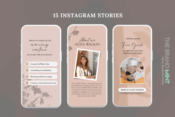 10 Instagram Stories Templates for Business Coaches That Build Trust 28 Three Instagram story templates featuring soft colors and text prompts for engagement.